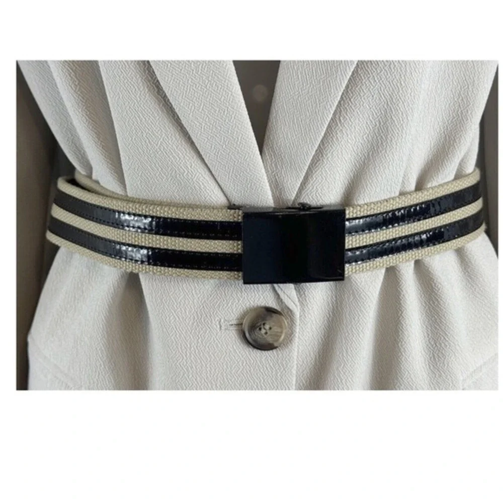 Tan Canvas Web Belt Black Patent Stripes‎ Military Flip Buckle Adjustable 70-19